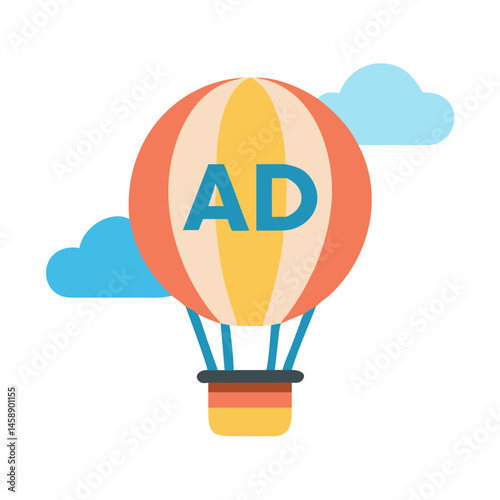 Hot Air Balloon with Ad Icon Representing Promotional Advertising and Aerial Marketing