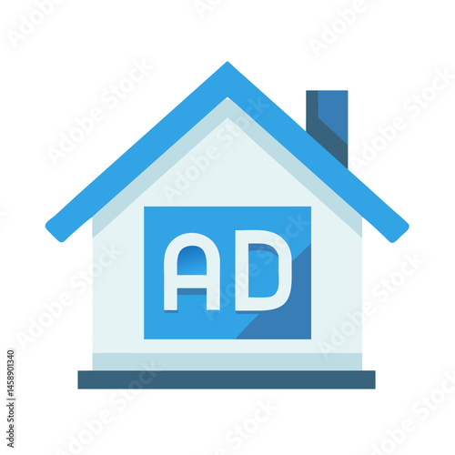 House with Ad Icon Representing Real Estate Advertisement and Property Promotion