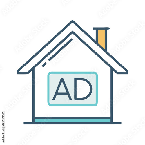 House with Ad Icon Representing Real Estate Advertisement and Property Promotion