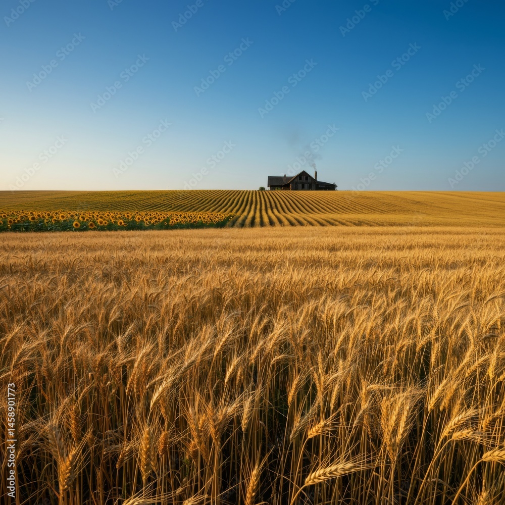 Obraz premium Golden Wheat Field with Farmhouse and Sunflowers under a Blue Sky