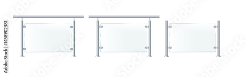 Glass or plexiglass fence with banisters. Architectural guardrail for balcony or office terrace.