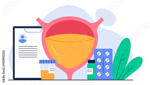 Urinary system concept. Human urinary tract with medical equipment. Bladder infection, cystitis, healthcare, treatment. Isolated vector illustration in cartoon style
