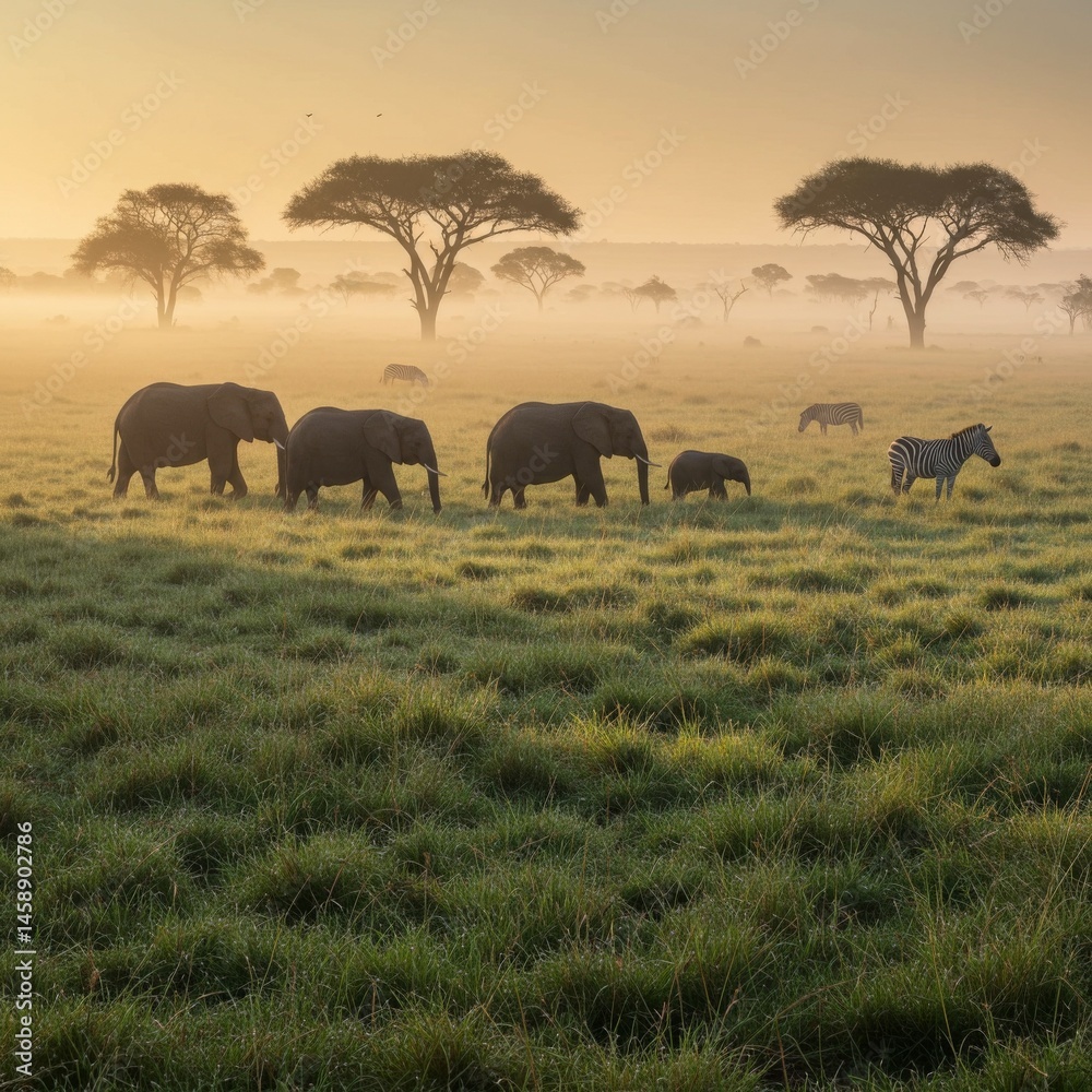 Obraz premium African Elephant Family at Sunrise in Grassland