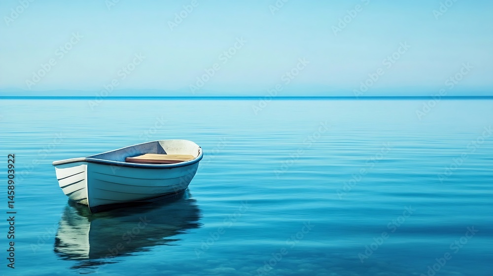 A small white rowboat floats serenely on a calm, turquoise sea under a pale blue sky, creating a peaceful and tranquil scene. : Generative AI