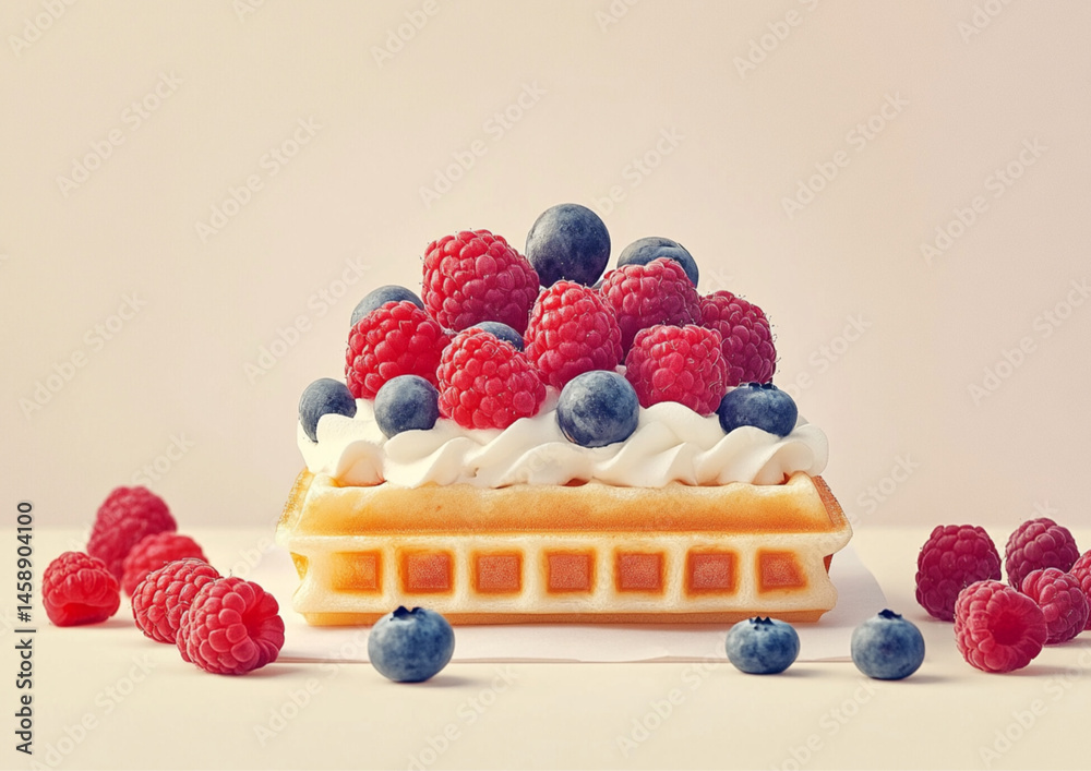A square waffle with cream and berries on top. On the table are some more blueberries and raspberries, against a light background. Food photography, delicious.