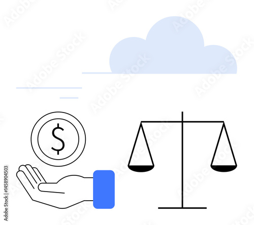 Hand holding dollar coin paired with balanced scale under a minimal cloud design. Ideal for finance, justice, equality, ethics, investments, economy, fairness, simple landing page