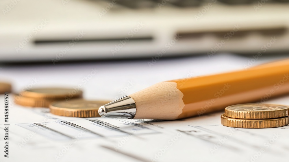 Close-up of a yellow pencil resting on a financial document, with coins nearby suggesting budgeting or accounting tasks. : Generative AI Close-up of a yellow pencil resting on a financial document, with coins nearby suggesting budgeting or accounting tasks. : Generative AI