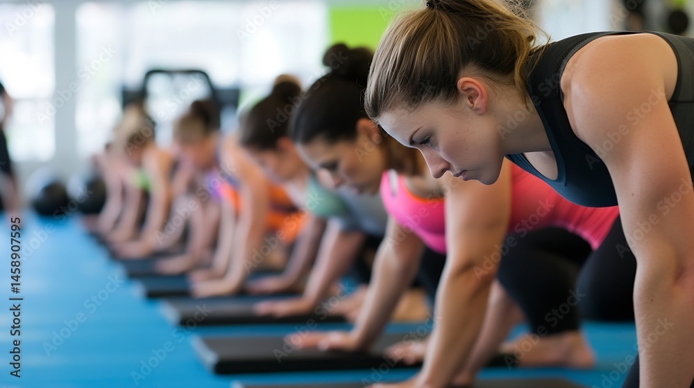 A row of focused women in a fitness class perform a plank exercise, showcasing determination and strength in a gym setting. : Generative AI A row of focused women in a fitness class perform a plank exercise, showcasing determination and strength in a gym setting. : Generative AI