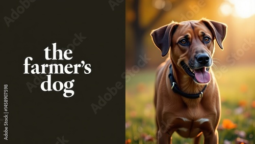 Farmers dog. Faithful farm companion. Product ad banner copy text. Loyal farm dog stands proudly in sun-drenched grass, embodying unwavering faithfulness to its owner.