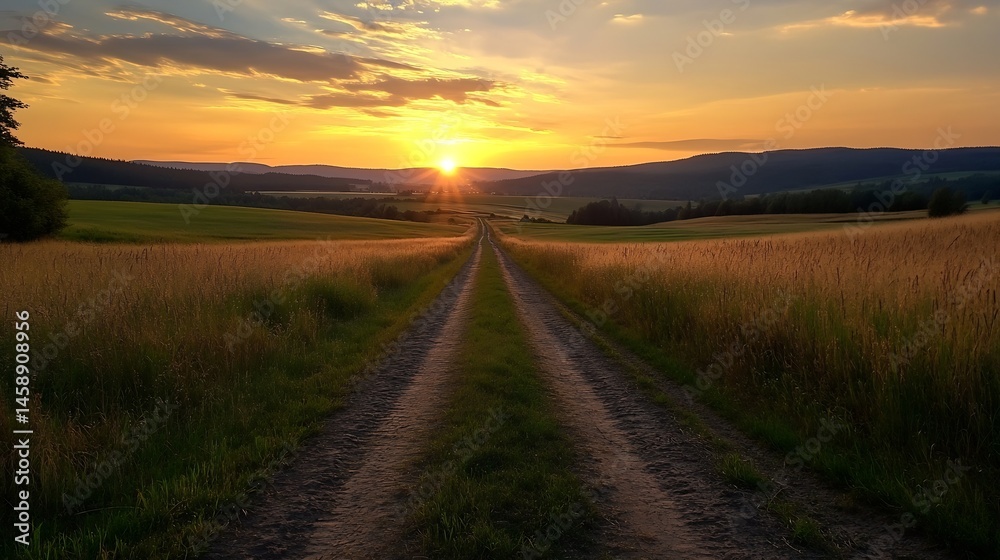 Naklejka premium Serene sunset over rolling hills, a dirt road leads towards the golden sun, casting long shadows across the grassy fields and tall grass. : Generative AI
