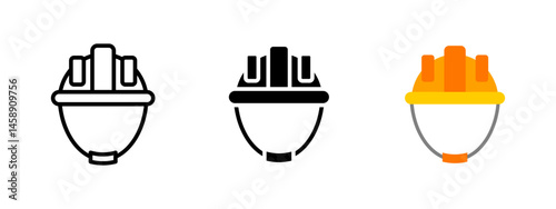 Helmet icon. Safety helmet with chin strap for construction workers vector illustration. Industrial work protection gear symbol. Safety equipment for engineering sign. Protective headwear pictogram.