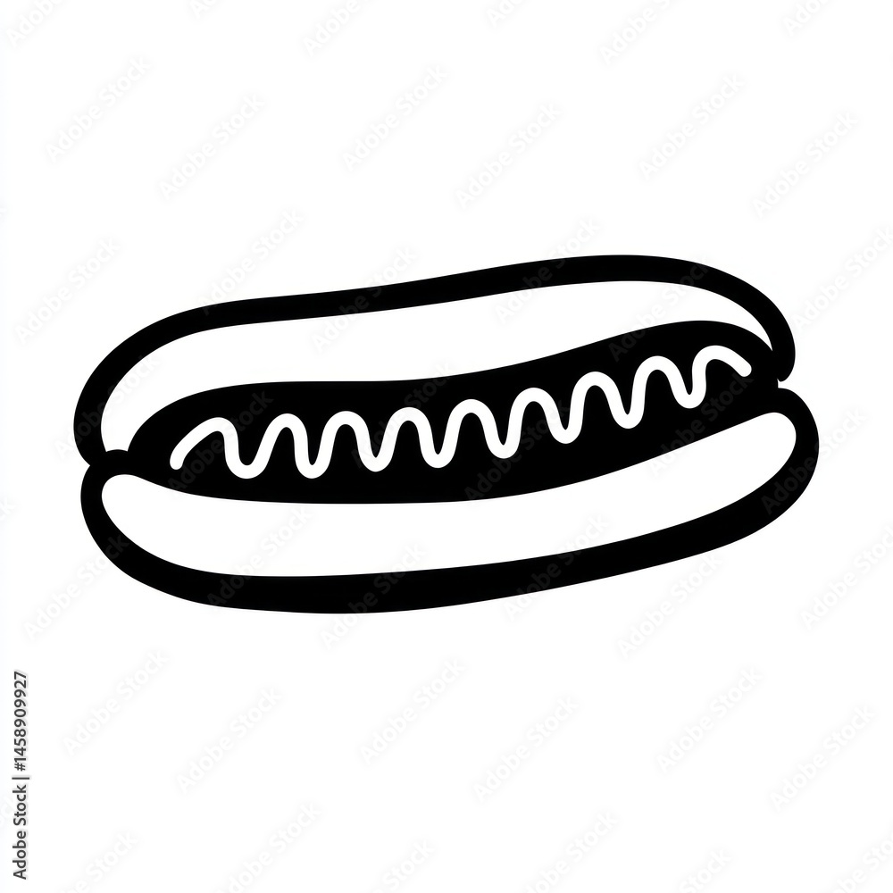 Simple black and white hot dog graphic for food illustration