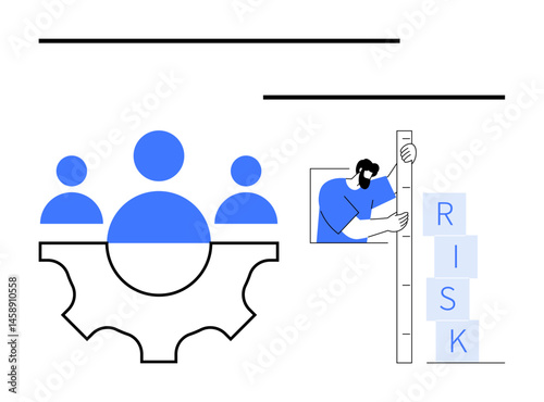 Abstract gear with people representing teamwork and efficiency, alongside a man measuring stacked risk blocks. Ideal for business, strategy, risk management, collaboration, innovation, teamwork