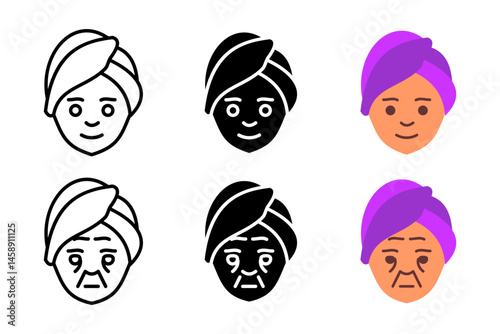 Young and old woman icon. Female head portraits showing age difference vector illustration. Contrast between youth and elder symbol. Human generation comparison sign. Aging process pictogram.