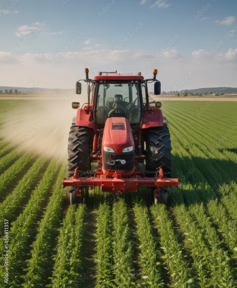 Fototapeta premium Red tractor spraying pesticide on a sunny soybean field, summer, nozzles