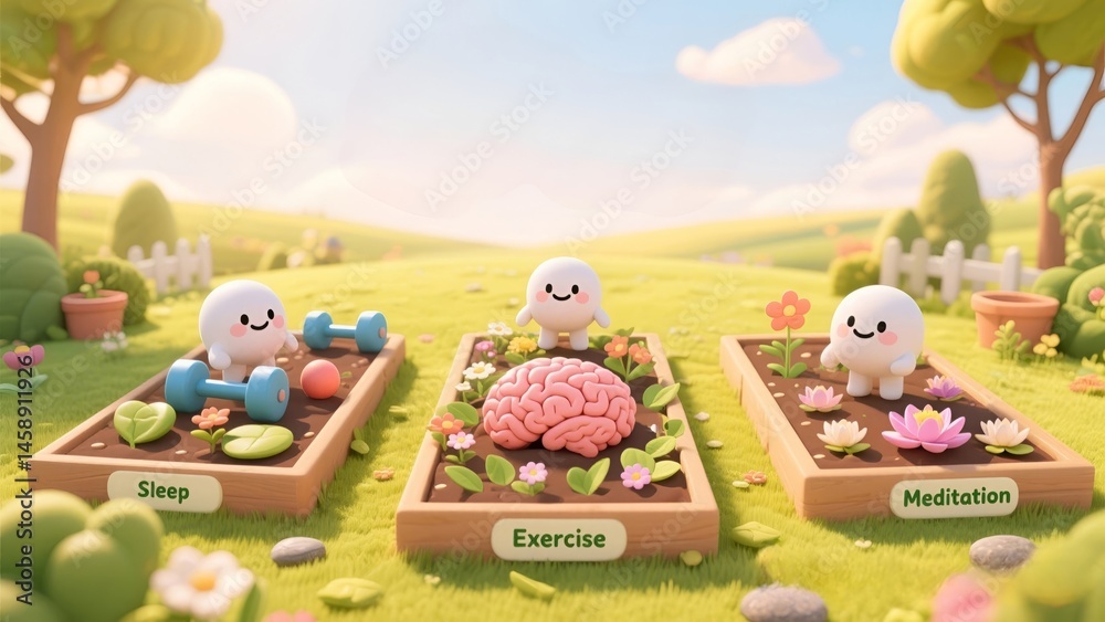 Obraz premium This charming 3D illustration visualizes the concept of nurturing mental health through key practices: sleep, exercise, and meditation. Adorable