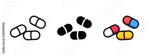 Pill icon. Three capsules shown in styles vector illustration. Medication or dietary supplements symbol. Pharmaceutical and healthcare sign. Medicine pictogram.