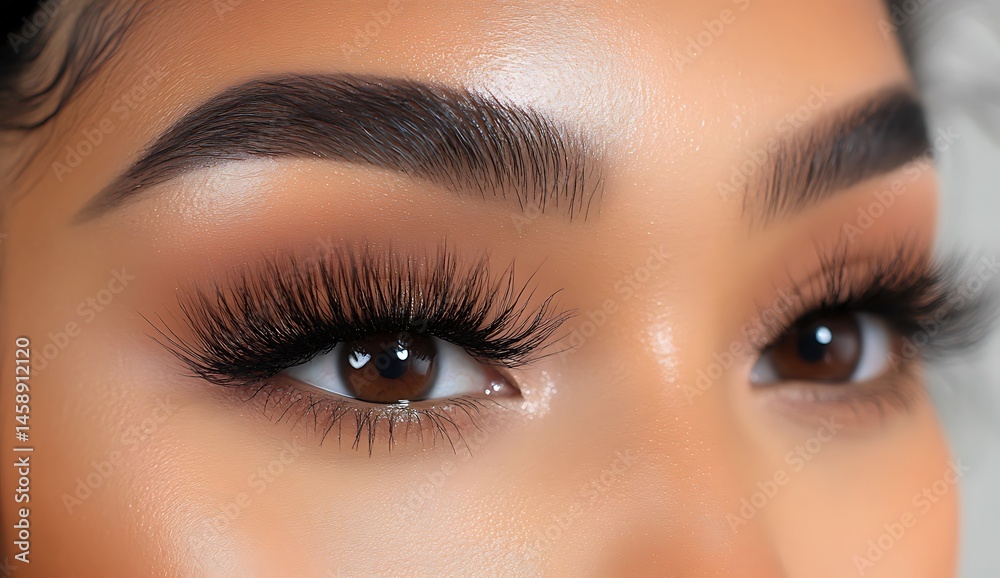 Obraz premium Close-up of a woman's eyes with dark brown eyebrows and light gray-colored eyelashes, and brown eye color