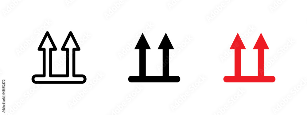 Fototapeta premium Up arrows icon. Two bold arrows pointing upward from a base line vector illustration. Symbol for proper orientation of cargo symbol. Used in packaging and logistics sign. Directional pictogram.
