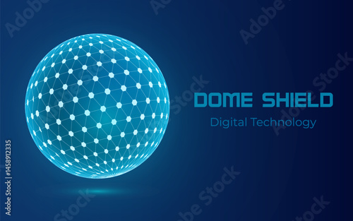Protective dome shield sphere with hexagon, 3d ball on blue background artificial intelligence AI technology, Protection against viruses and cyber attacks, Vector illustration.