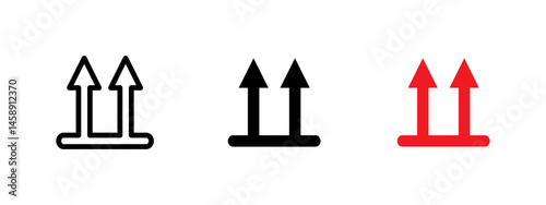 Up arrows icon. Two bold arrows pointing upward from a base line vector illustration. Symbol for proper orientation of cargo symbol. Used in packaging and logistics sign. Directional pictogram.