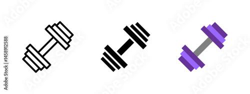 Dumbbell icon. Classic gym weight with stacked plates and central bar vector illustration. Used in fitness and strength training symbol. Sports equipment and exercise sign. Workout pictogram.