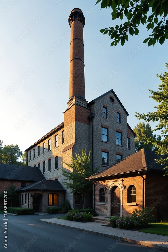 Fototapeta premium Urban Renewal Project: Tall Chimney and Stone Walls of a Bygone Textile Mill Integrated into New Residential Unit Development Exterior View