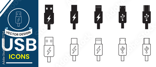 USB cable icon vector illustration. Mobile charger, USB cable icon. White and Black USB cable vector icon. Mobile phone charging cable. Micro USB cables. Vector illustration.