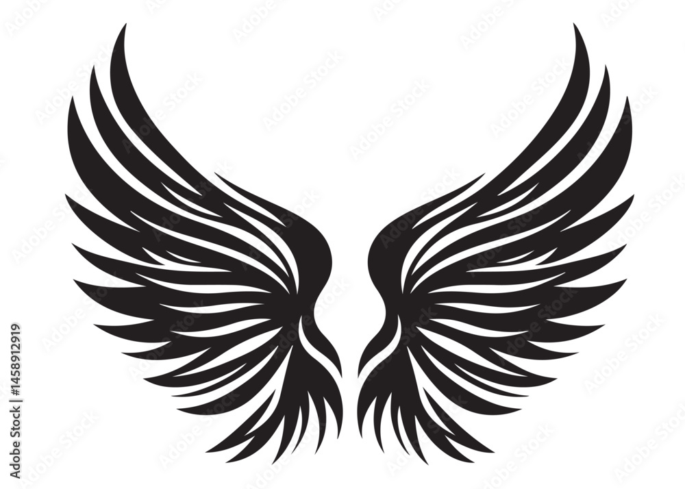 Fototapeta premium vector silhouette angel wings logo silhouette, black angel wings logo icon design vector, flying eagle bird wing vector silhouette, wings logo icons vector silhouette design on white background.