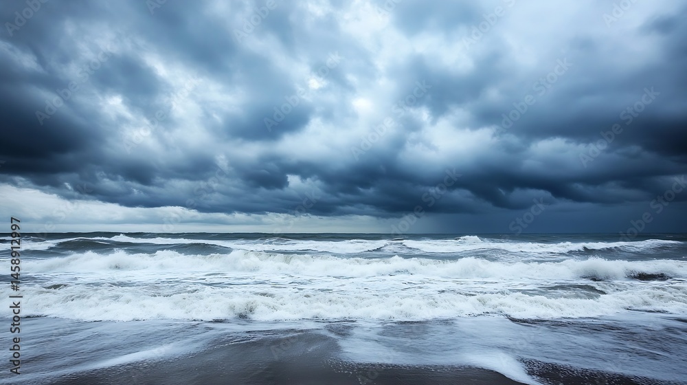 Dramatic ocean waves crashing on a beach under a stormy, dark sky. The powerful waves create white foam as they roll onto the shore. : Generative AI Dramatic ocean waves crashing on a beach under a stormy, dark sky. The powerful waves create white foam as they roll onto the shore. : Generative AI
