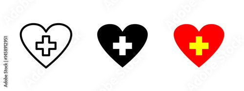 Medical heart icon. Red heart with yellow cross in the center vector illustration. Represents health care and emergency aid symbol. Used in clinics and rescue services sign. Healthcare pictogram.