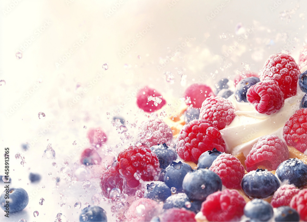 delicious combination of fresh berries layered on top of creamy cream cheese,vanilla ice cream, served with freshly made honey-colored waffles. The colors of the blueberries and raspberries