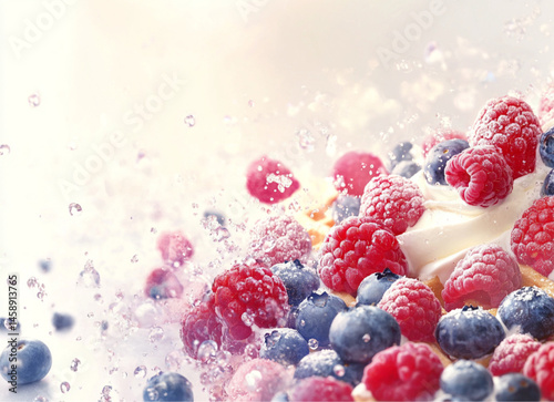 Obraz na płótnie delicious combination of fresh berries layered on top of creamy cream cheese,vanilla ice cream, served with freshly made honey-colored waffles. The colors of the blueberries and raspberries w salonie