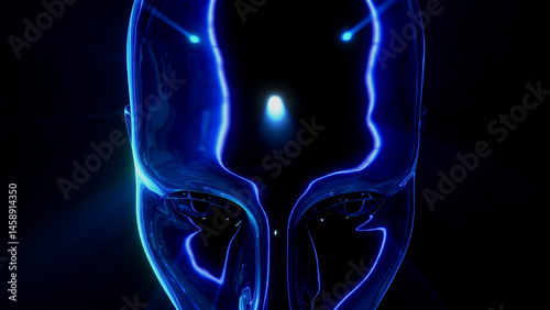 An abstract reflective glowing head with refractive detail and glowing light effects.
