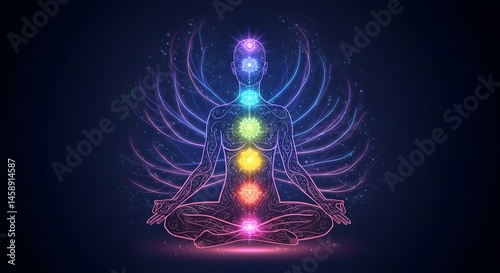 Colorful Abstract Representation of Chakra and Energy Flow in a Meditative Pose on Dark Background