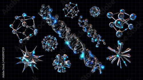 A background of electrically pulsing reflective molecule shapes.