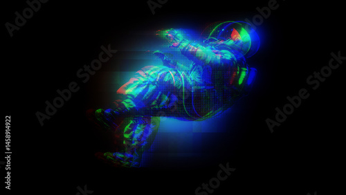 An astronaut character in a digital holographic effect style.