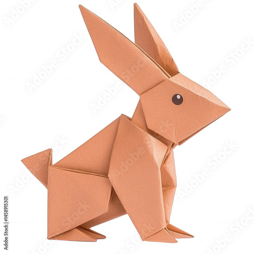 A creative origami rabbit made from brown paper, showcasing intricate folding techniques. This unique art piece adds charm and whimsy to any decor.