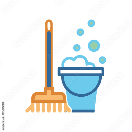 Mop with Bucket and Bubbles Icon Representing Cleaning or Housekeeping