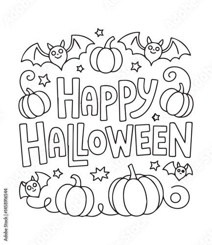 Happy halloween coloring page for kids, pumpkin, bat, skull, boo and elements black line art vector illustration on white background