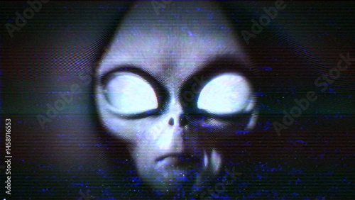 A dark eerily lit digital alien face with glitch and glow effects.