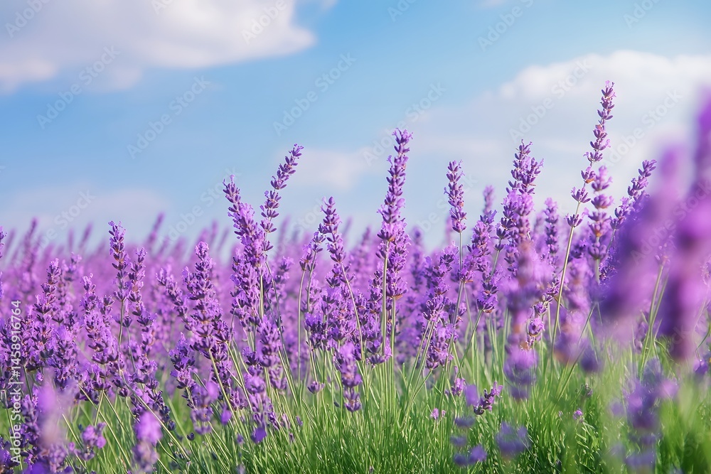Naklejka premium Beautiful lavender field blossoming under a bright blue sky with fluffy white clouds