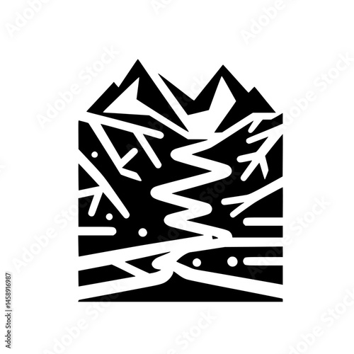 Black & White Mountain Landscape Icon: Abstract, Geometric, Minimalist