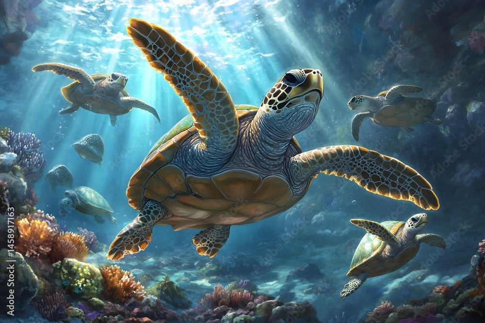 Fototapeta premium Beautiful sea turtle swimming gracefully among the colorful reef underneath sunlight rays
