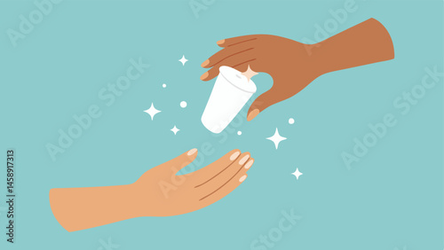 Hands Applying Cream A pair of hands applying a dollop of moisturizer to the skin with sparkles around the cream to indicate hydration and the infusion of exosomes.
