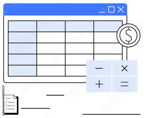 Spreadsheet interface with grid, currency symbol, calculator buttons, and checklist. Ideal for finance, accounting, budgeting, data organization math analytics efficiency themes. Flat simple
