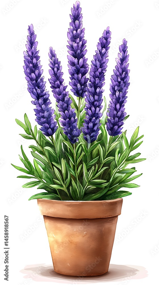 Naklejka premium Potted lavender plant with vibrant purple flowers and green leaves