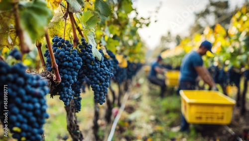Grape harvest in vineyard.  Workers picking ripe grapes