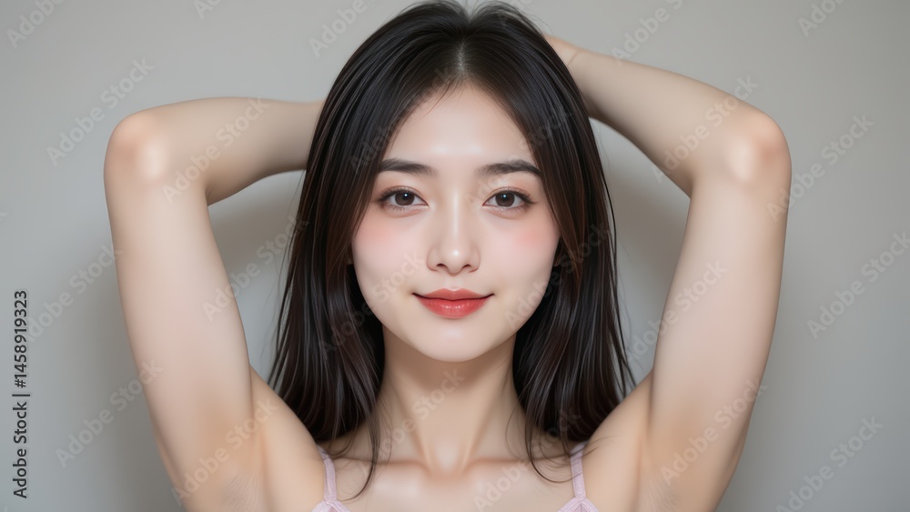 Fototapeta premium Young Asian Woman with Hands Behind Head, Portrait in Studio, Natural Beauty, Skin Care, Wellness, Lifestyle, Close Up