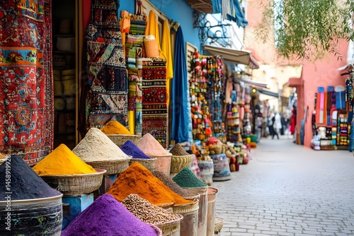 Colorful spices and goods for sale at a moroccan souk street market in marrakesh